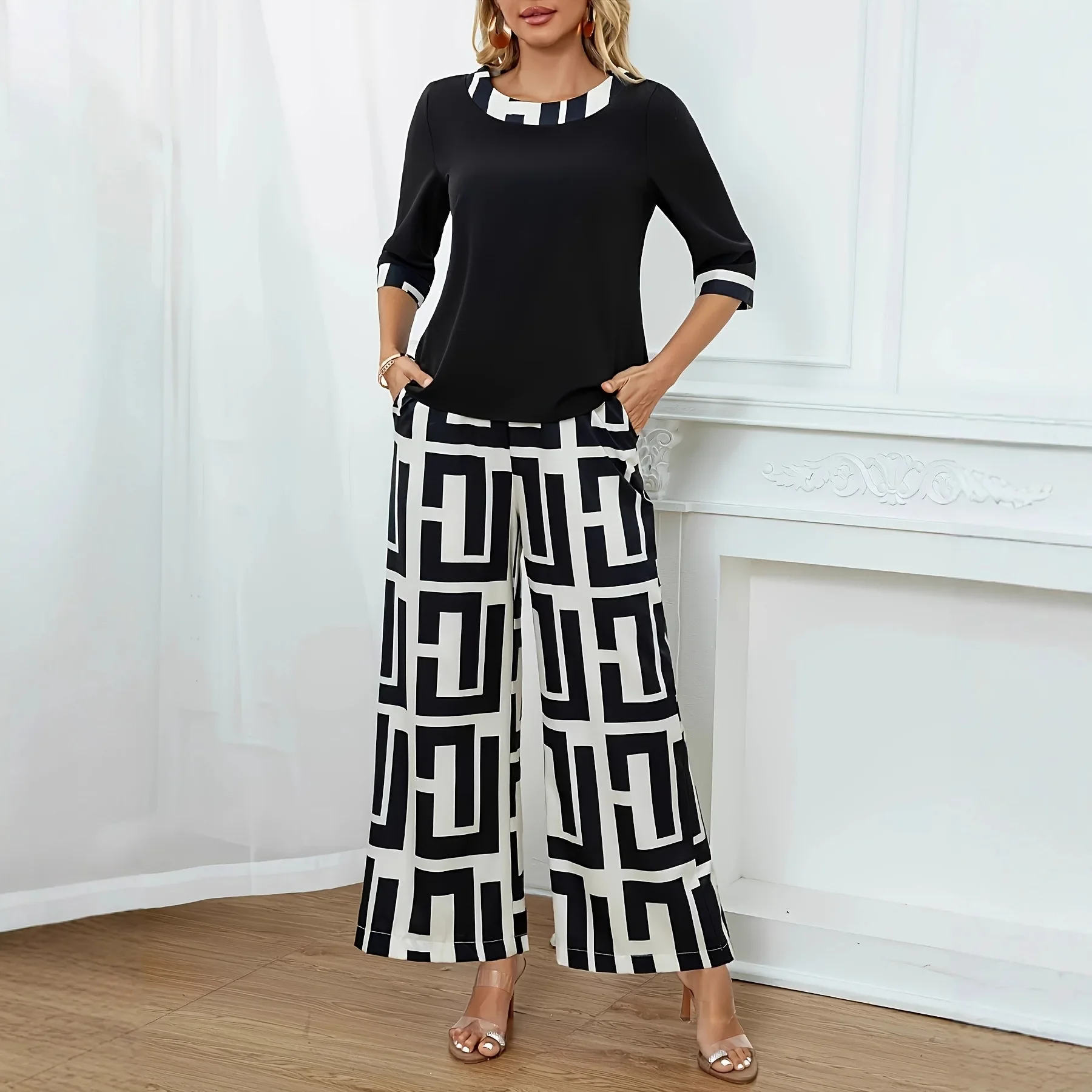 أزياء مريحة أعلى السراويل واسعة الساق دعوى السراويل للنساء الأوروبية الأمريكية متاهة نمط هندسي ألوان متباينة #1