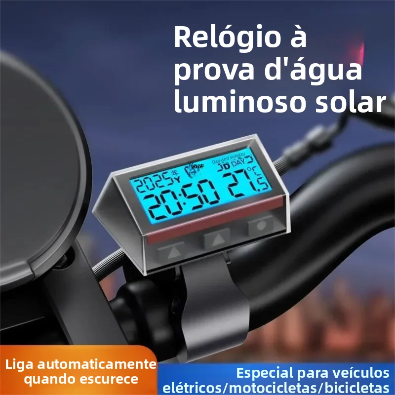Relógio digital solar para motocicleta, com data, semana, temperatura, display lcd retroiluminado, termômetro à prova d'água com suporte para motocicleta
