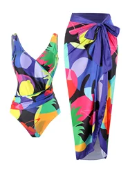 New One-piece Swimsuit Women Slim Printed High Waisted Hanging Neck Swimwear French Covered Belly Bikini Swimming Suit for Women