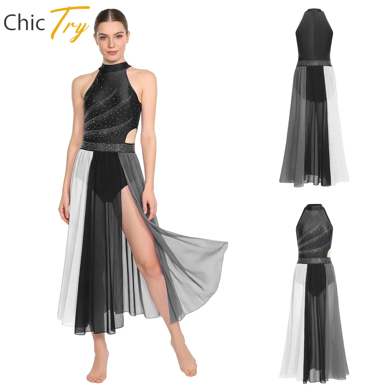 

Women Modern Lyrical Dance Dress Sleeveless Rhinestone Mesh Slit Hem Leotard Dress for Ballet Gymnastics Performance Competition
