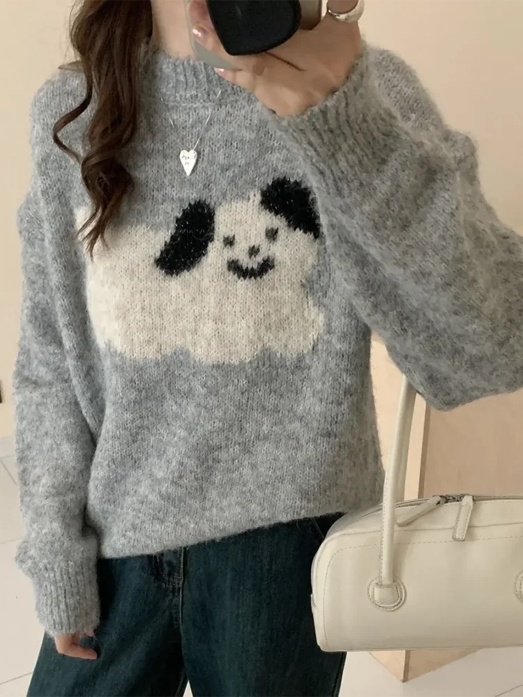 Zoki Cute Dog Print Sweaters Women Lazy Wind Long Sleeve Knitted Pullovers Japan O Neck Loose Female Kawaii Preppy Style Jumpers