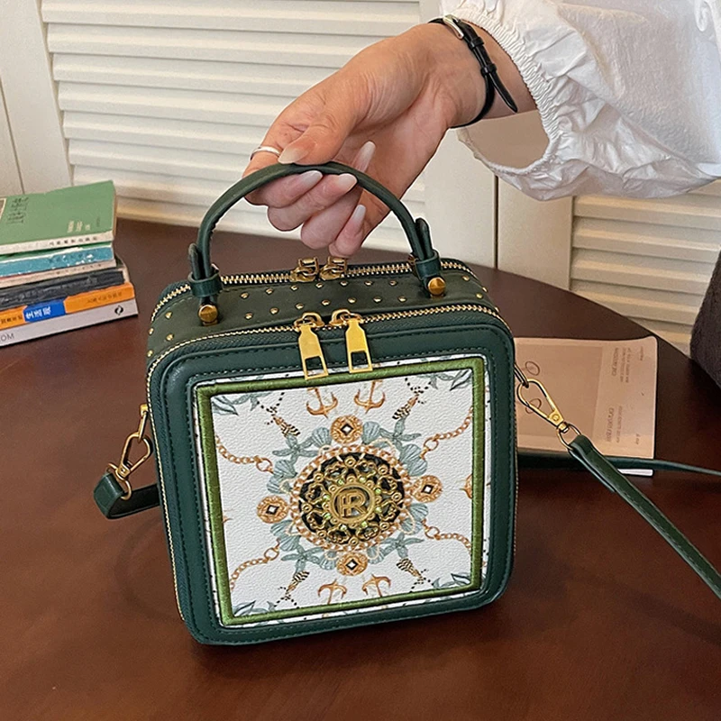 Exquisite bedruckte Umhängetasche, quadratische Damen-Box-Handtasche, Colorblock-Sling-Bag, Messenger-Tasche für den Arbeitsweg und zur Aufbewahrung von Kosmetika – Detail 15