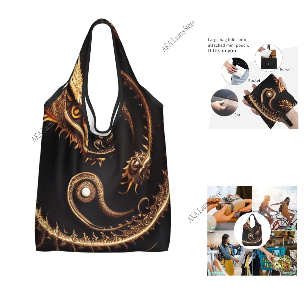 Shopping Bags Women Portable Dragon Snapback Big Capacity Grocery Shopper Tote Bags