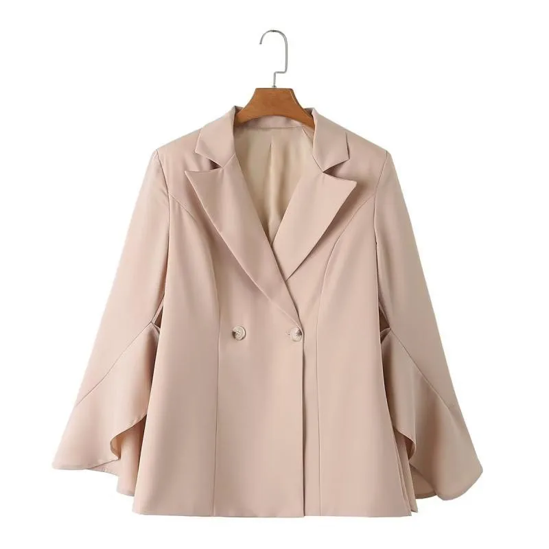 Spring Autumn Fashion Cuff Ruffles Women Short Suit Jacket Double-breasted Notched Collar Long Sleeve Female Blazers Outerwear