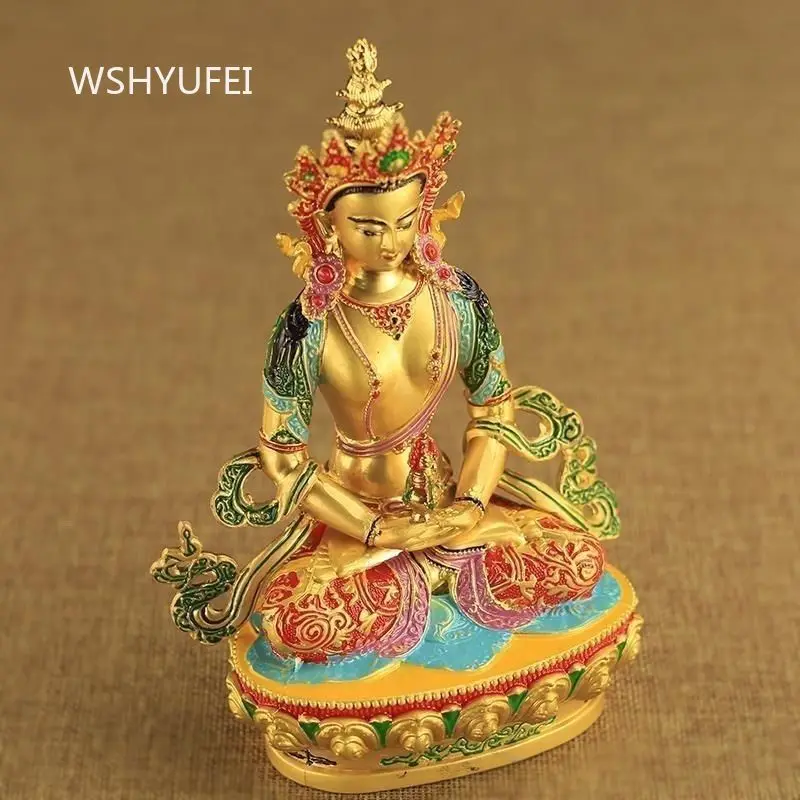 Tibetan Buddhist Amitayus Statue Alloy Color Painted Sculpture Golden Finish Deity Figurine Altar Worship Meditation Room Decor