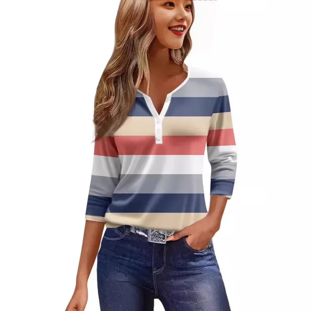 Women Summer V-Neck Printed Short Sleeve T-Shirt Vintage Fit Casual Daily Office Work Resort Wear Minimalist Chic Ladies Tee Top