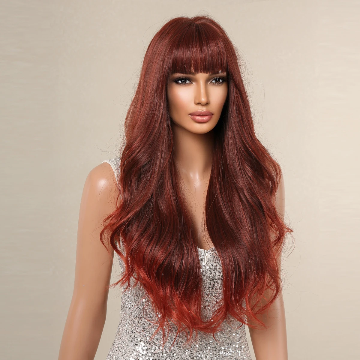 Red Ombre Wavy Synthetic Hair Wigs with Bangs Long Body Wavy Wig for Women Party Lolita Cosplay Colored Fake Hair Heat Resistant