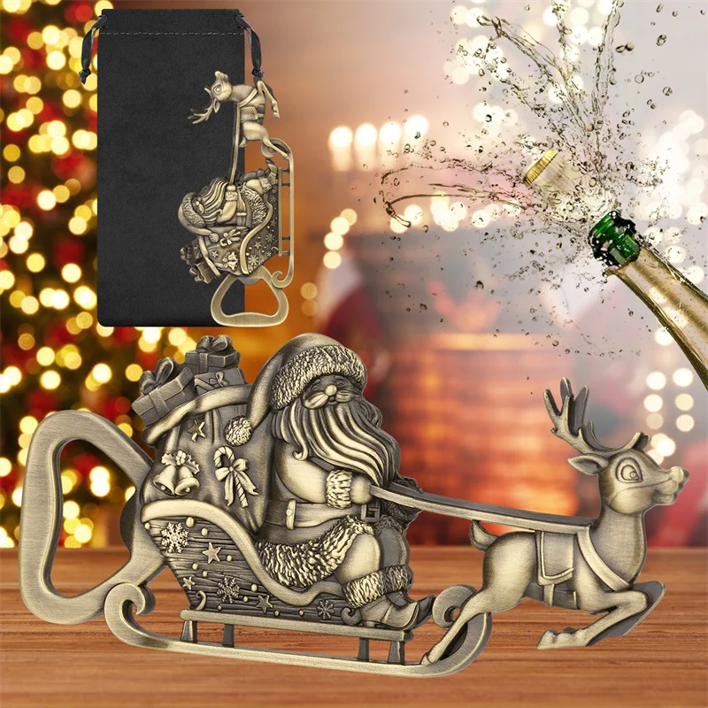 

Vintage Santa Claus Driving Reindeer Shape Bottle Opener Christmas Beer Opener Wedding Party Festival Decoration Corkscrew Gift