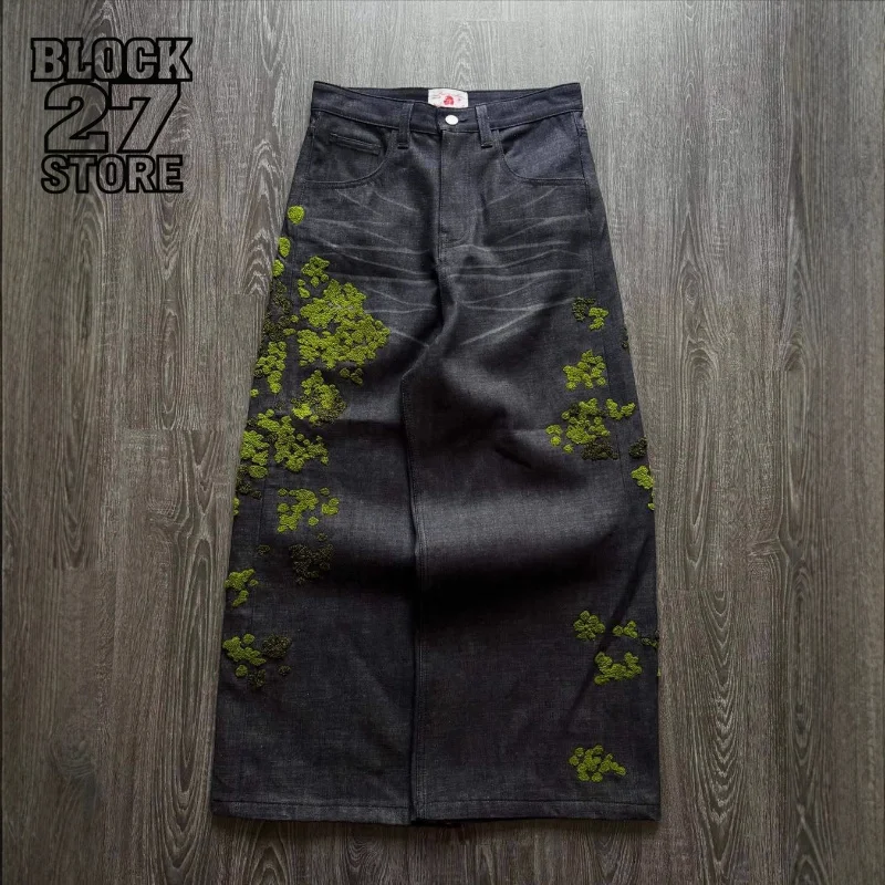 Mens Jeans Floral Embroidery Denim Pants Harajuku Unisex Loose Fit Straight Leg Vintage Streetwear Casual Fashion Trend New Ins