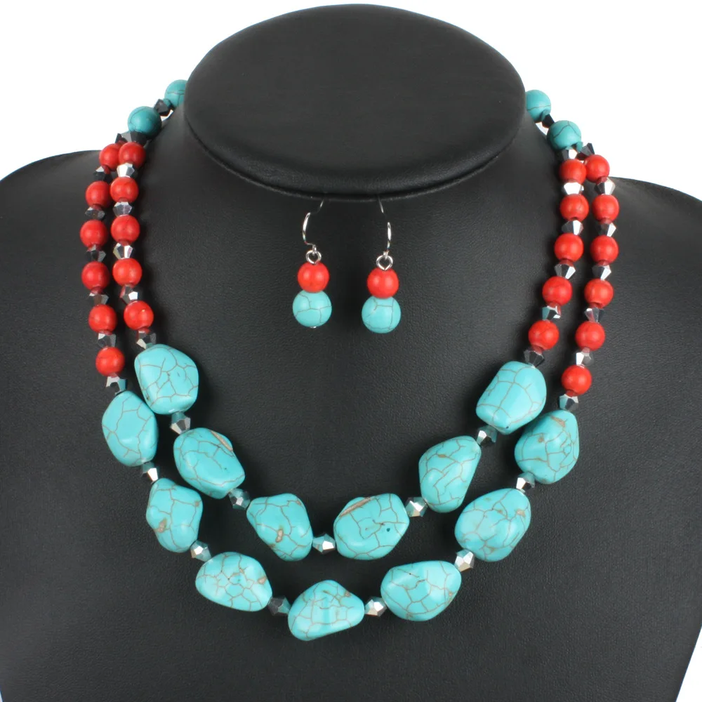 New Natural Stone Beads Turquoises Women Necklace Earrings Jewelry Set Retro Fashion Green Color Stone Necklace Accessories