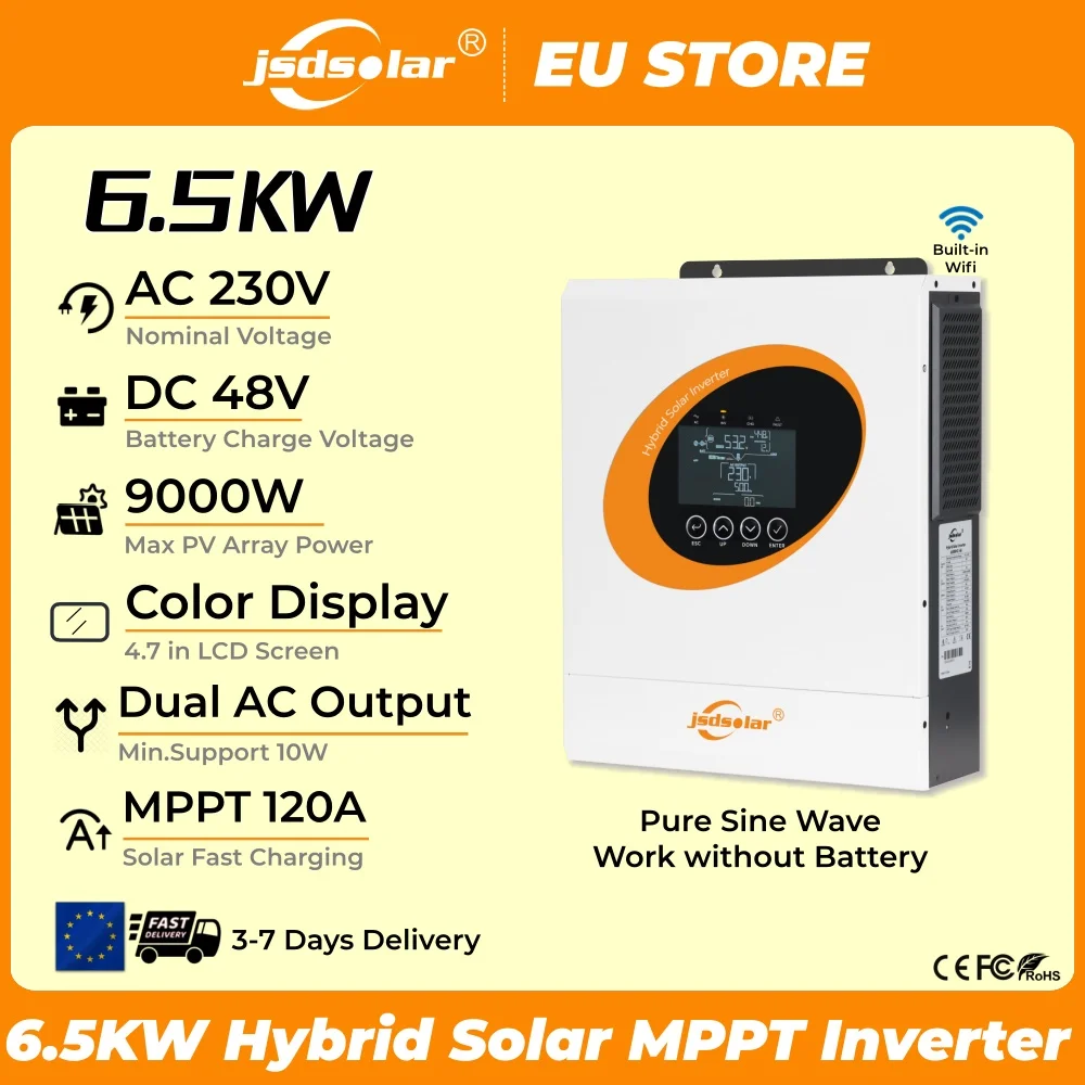 Jsdsolar 6.5KW 48V onduleur solaire hybride 220VAC hors/sur réseau double entrée de sortie ca inverseur silencieux sinusoïdal pur 120A 9000W pour la maison