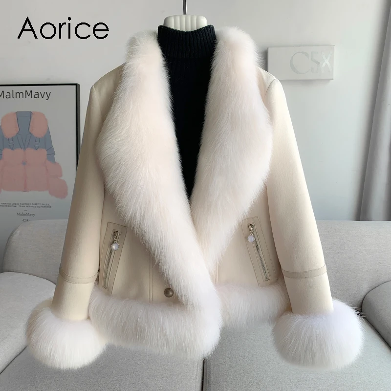 Aorice New Design Faux Suede tessuto cappotto invernale piumino d'anatra con vera pelliccia di volpe giacca donna CT321