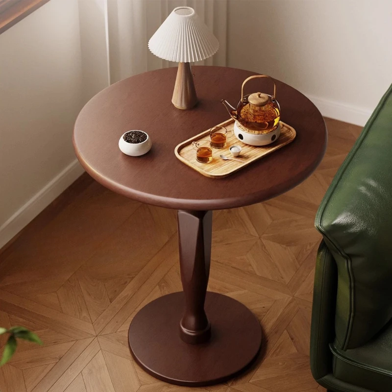 

French Vintage Sofa Side Table, Solid Wood Mobile Tea Table, Retro High-Leg Small Round Coffee Table, Luxury Home Accent Table