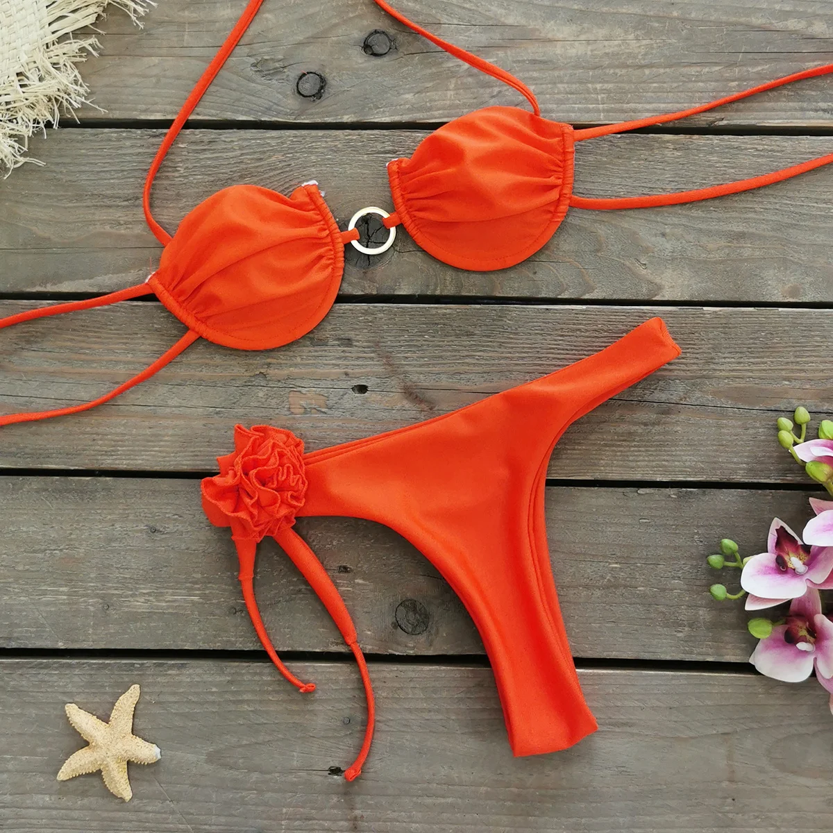 2024 New Sexy Flower Strappy Bikini Set Women Swimwear Solid Color Backless Micro Bikini Swimsuit Bathing Suit Summer Beachwear