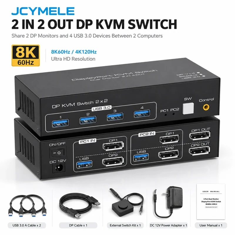 JCYMELE DP KVM Switch Dual Monitor 8K@60Hz 4K@120Hz, 2 Computers to 2 Screens USB 3.0 Hub for 4 USB Peripherals