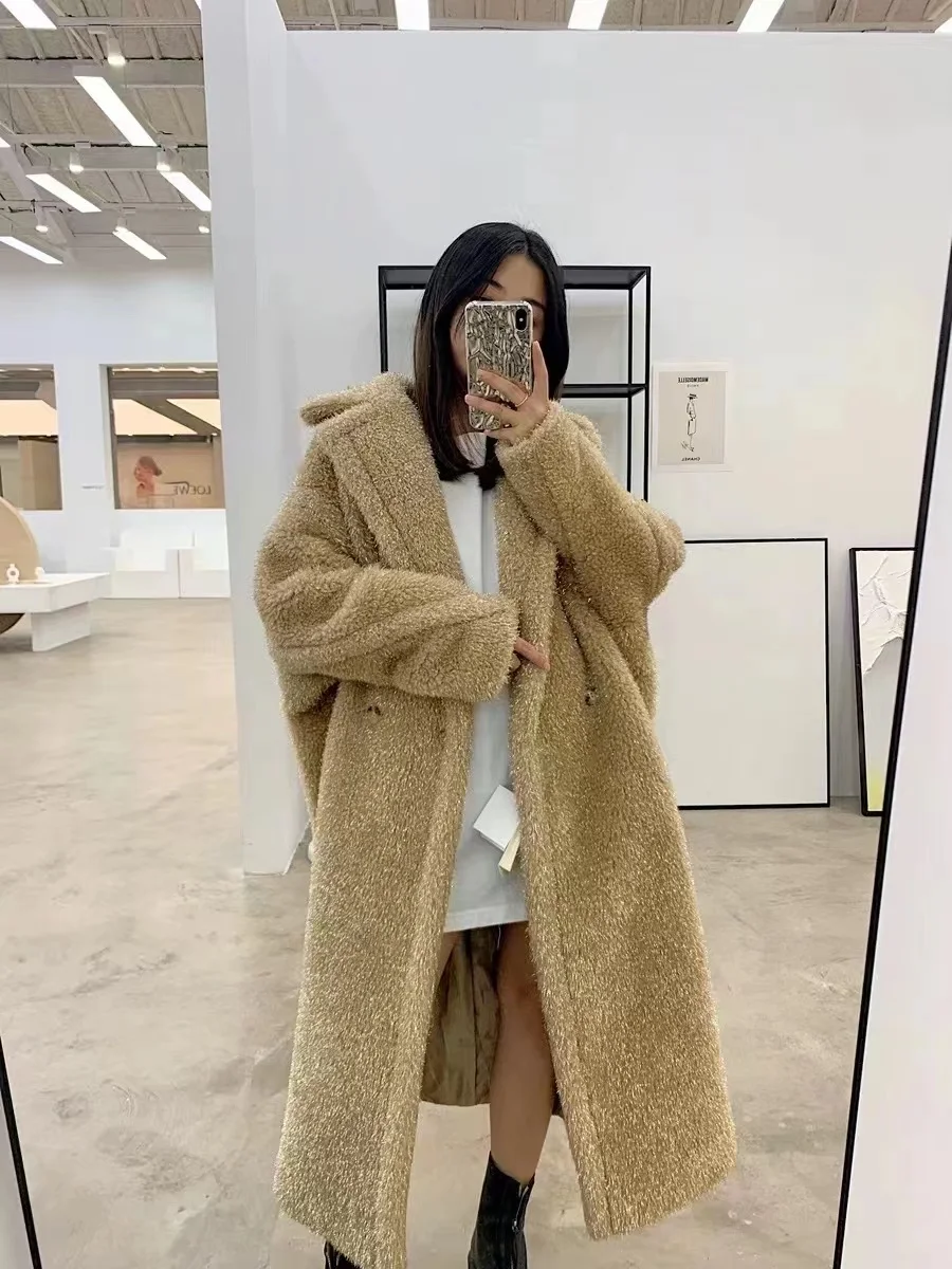 2023 Golden Teddy Bear Coat Female Winter Alpaca Loose Set Women Black Loose Edition Warm Holding Coat Long Gray