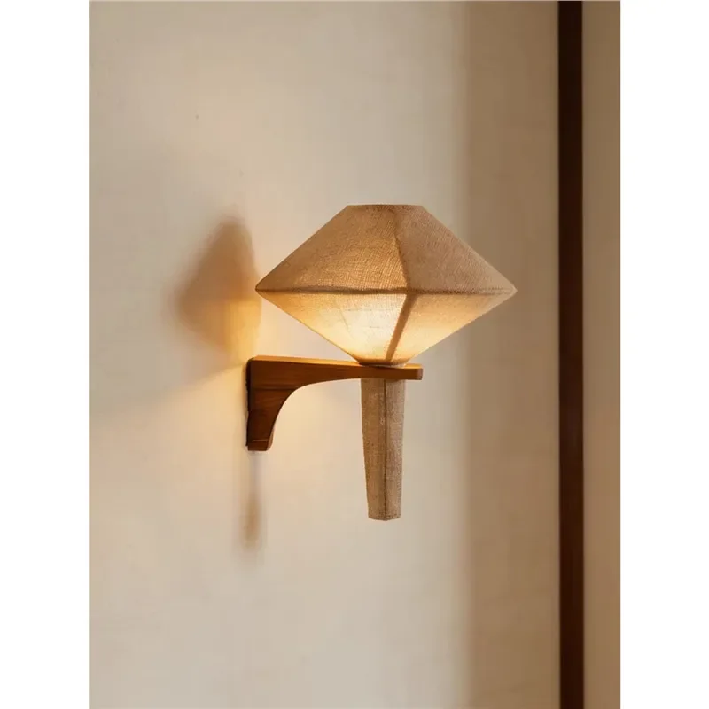 Japanese Wabi Sabi Solid Wood Wall Lamp Creative Bedside Light for Bedroom Living Room Background Ambient Lighting Home Decor