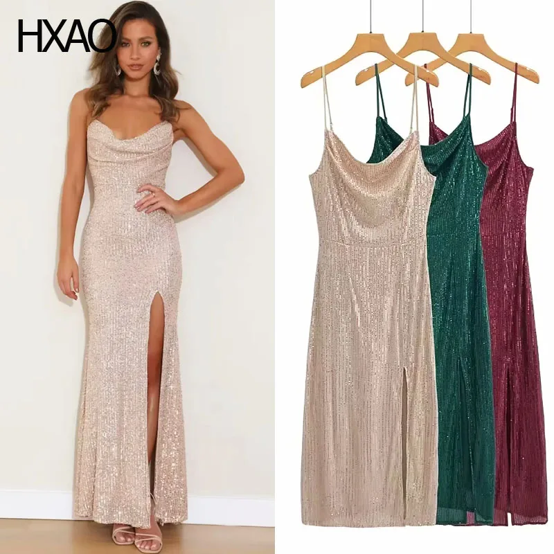 

HXAO Sequined Women's Dresses Fashion Backless Slip Dress Sexy Sequin Sundress Female Evening Party Dresses Elegant Gown