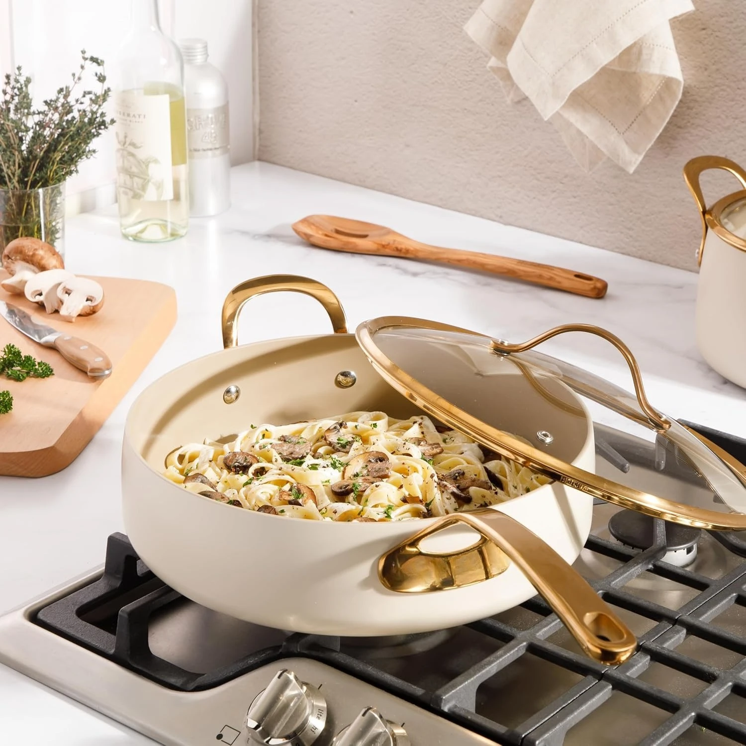 Non Stick Frying Pan - 6 QT Aluminum Premium PFA Free Ceramic Nonstick Saute/Deep Frying Pan Skillet with Lid  - Almond Cream w/Gold Handle