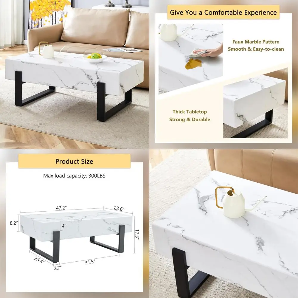 

Большой прямоугольный журнальный столик с мраморным узором и металлическими ножками для гостиной и столовых