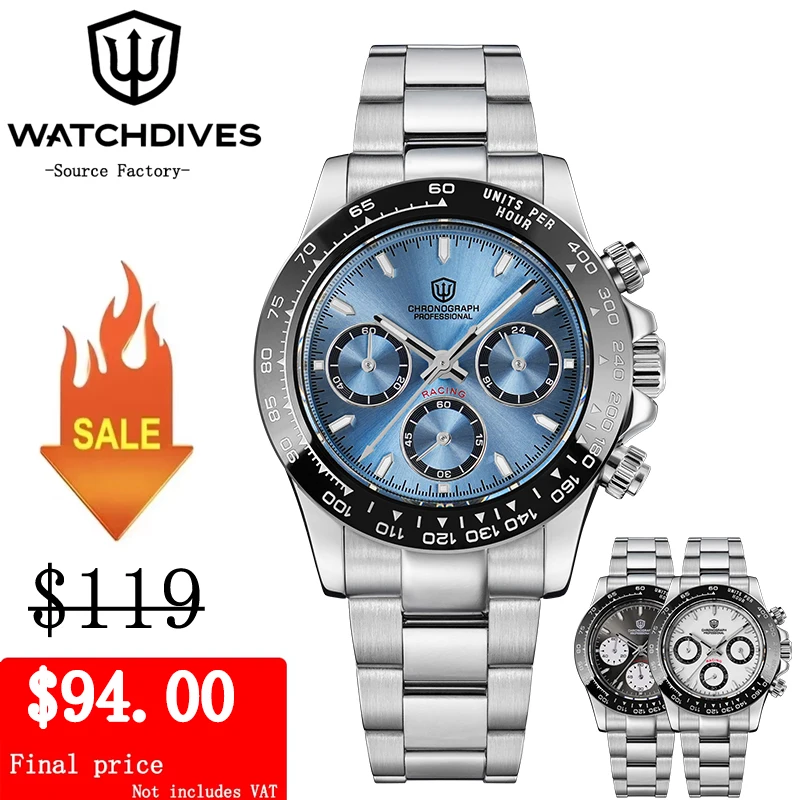

Watchdives WD16500 V2 Часы VK63 Кварцевый механизм с хронографом Сапфировые светящиеся 100 м Водонепроницаемые роскошные деловые часы