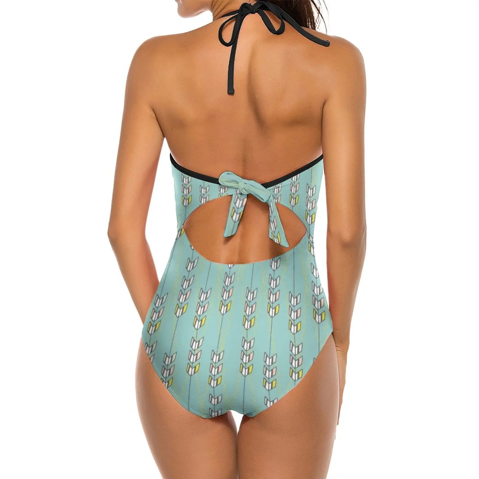 Freshtatic Arrows Illustration Pattern Deep V-Neck Halter One-Piece Swimsuit Ladies Monokini Beach Bathing Suits Swimwear