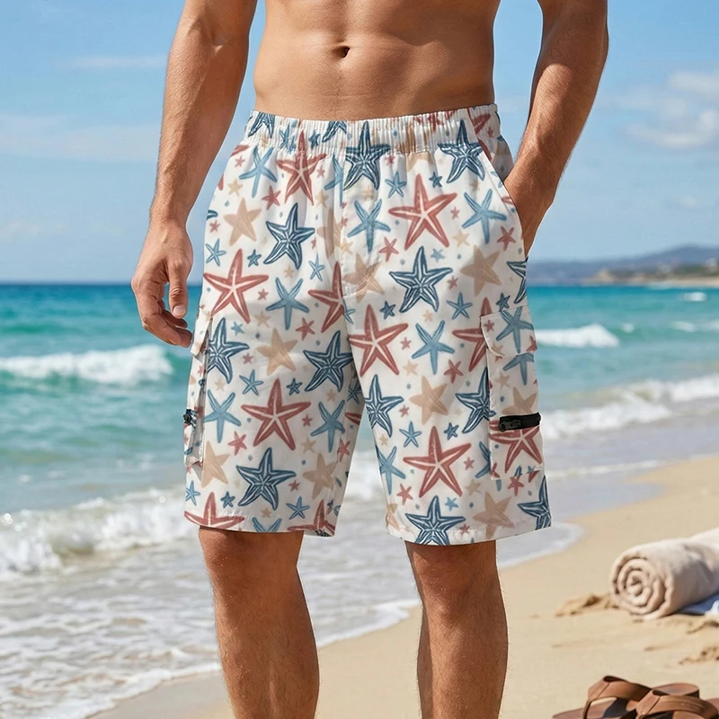 

Мужские пляжные шорты с принтом по всей поверхности и множеством карманов, летние быстросохнущие шорты для плавания с внутренней застежкой-шнурком, плавки, купальники