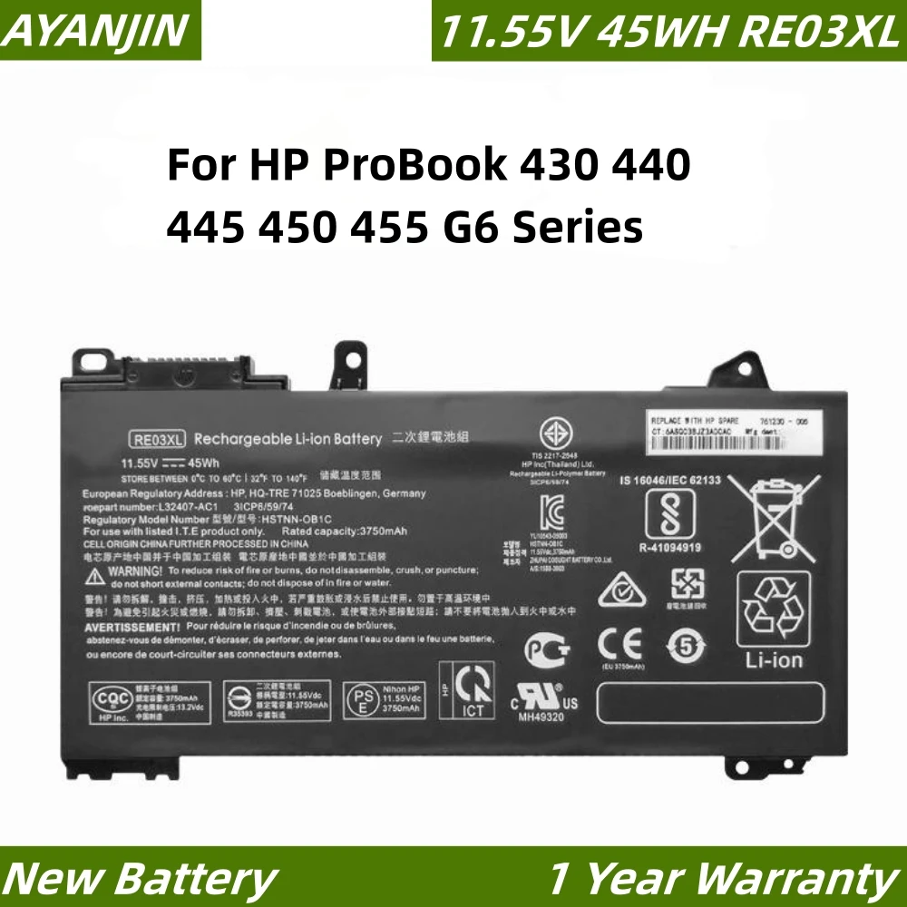 RE03XL 11.55V 45WH For HP ProBook 430 440 445 450 455 G6 Series HSTNN-DB9N HSTNN-UB7R L32407-2B1 L32407-2C1 RF03XL