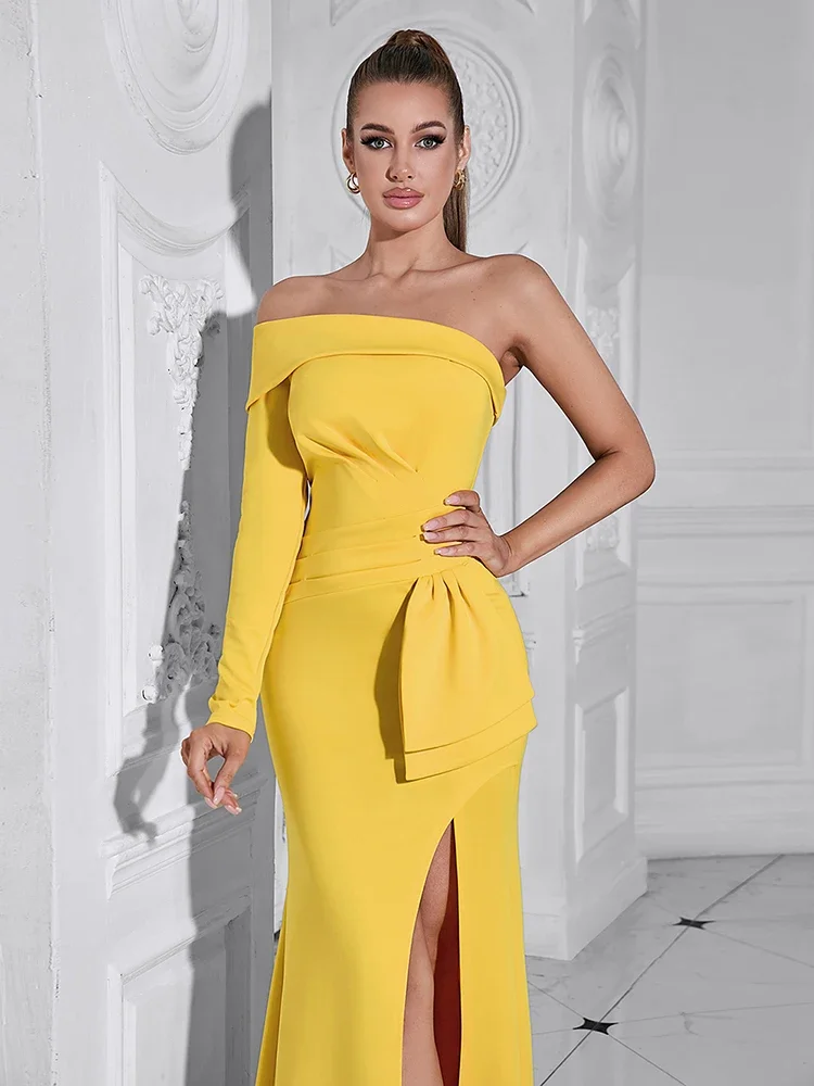 Sexy One Shoulder Ruched Split Long Dresses for Women Elegnat Yellow Long Sleeve Bodycon Runway Celebrity Evening Party Dress