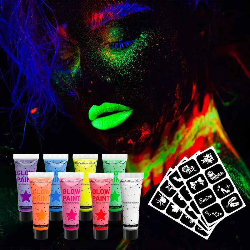 10ml 8色UVブラックライトフェイスペイント、タトゥーステッカー付き、蛍光ネオンボディペイント、洗えるクイック、マルディグラハロウィン