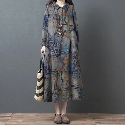 

Loose Long Sve Printed Dr Korean Sle Large Size Women's Clothing Autumn New Arrival Collar Cotton Commute Sle