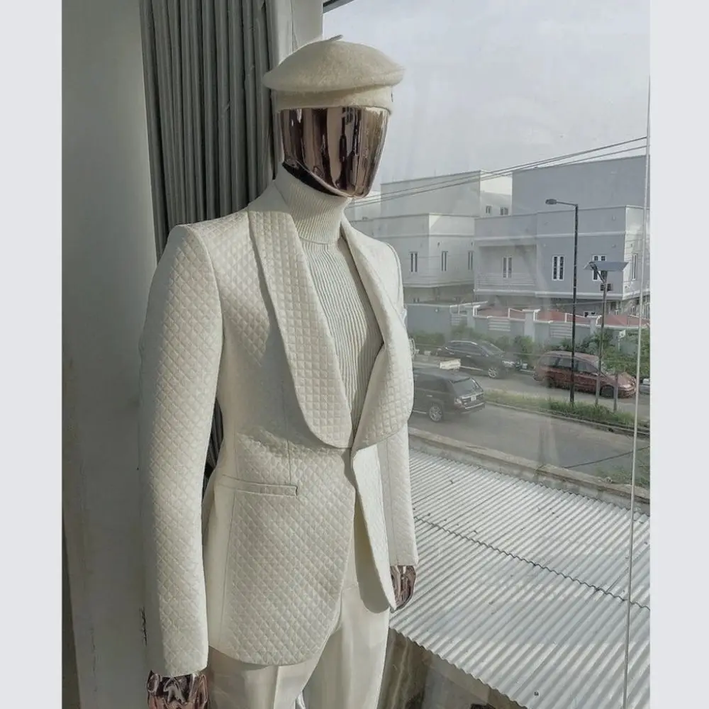 

Мужские костюмы с белым ромбом и накаткой на одной пуговице, модные мужские костюмы для свадебной вечеринки, банкетные комплекты, комплект из 2 предметов (куртка + брюки)