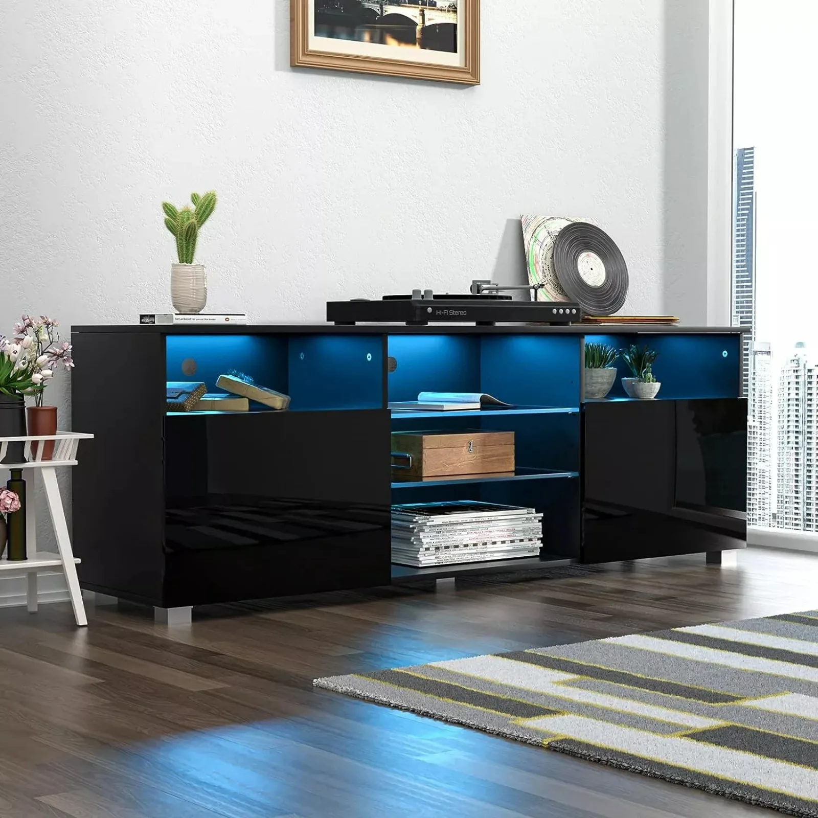 US Modern LED TV stand, media console, desktop entertainment center with glossy cabinet-