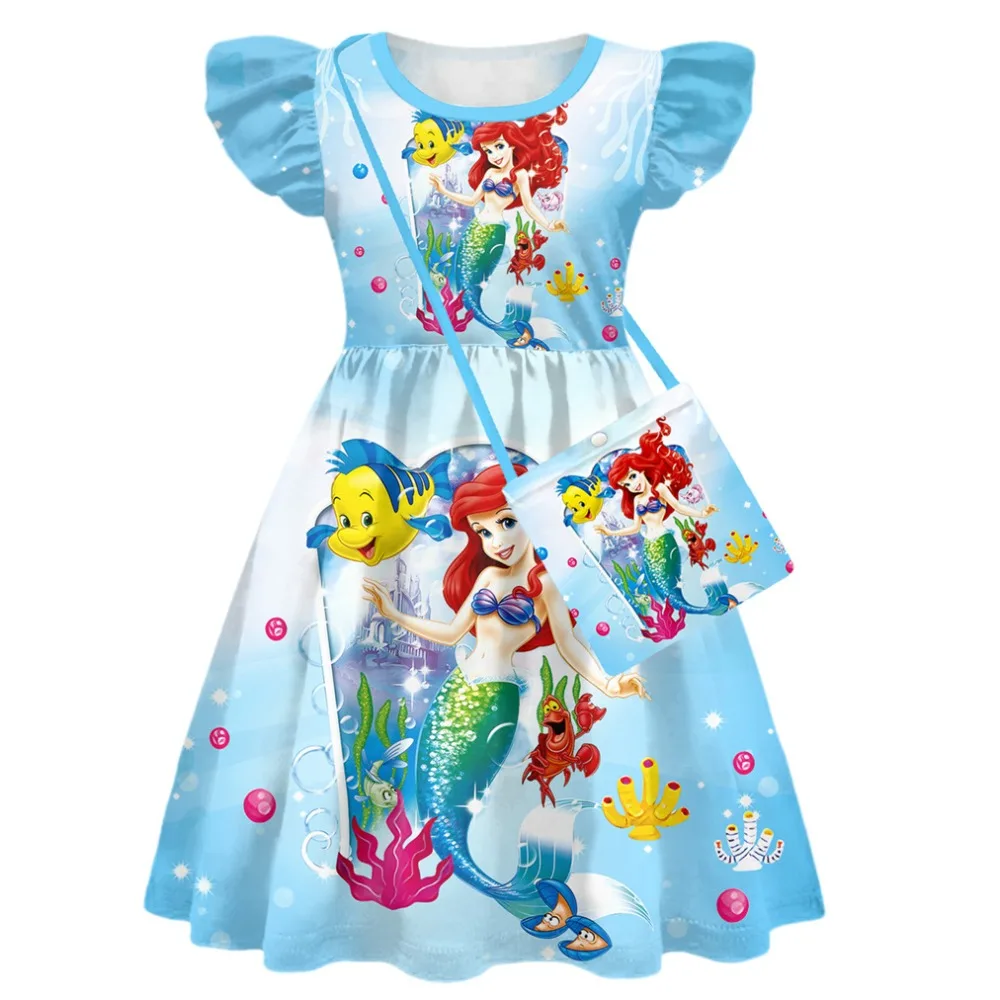 2024 New Girls' Dress Casual Wear Mermaid Princess Digital Print Girls' Cute Pattern 3D Print Cotton Children's Wear