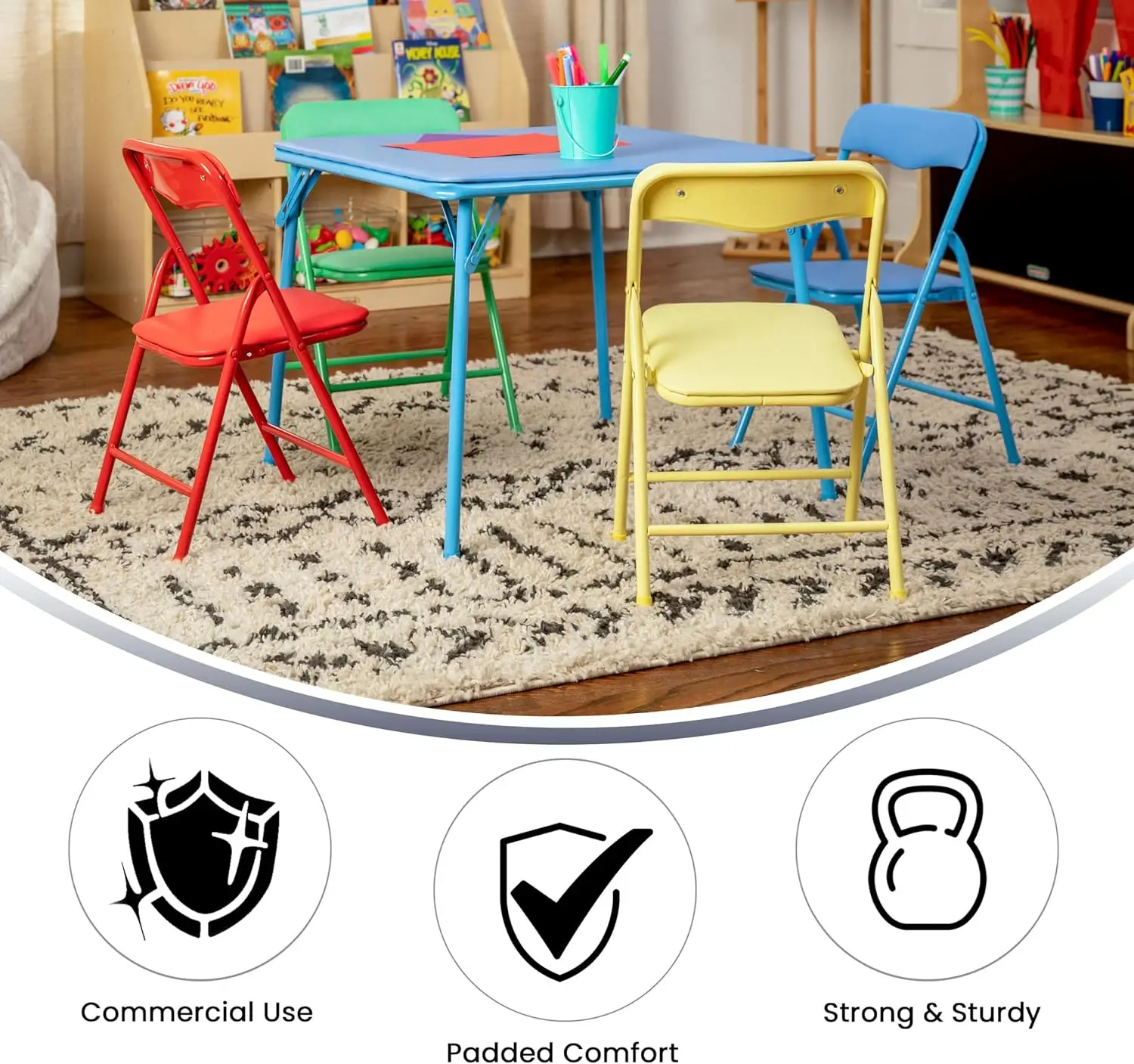 5-Piece Folding Square Table and Chairs Set for Kids, Daycare, Classroom, Multicolor Activity Furniture