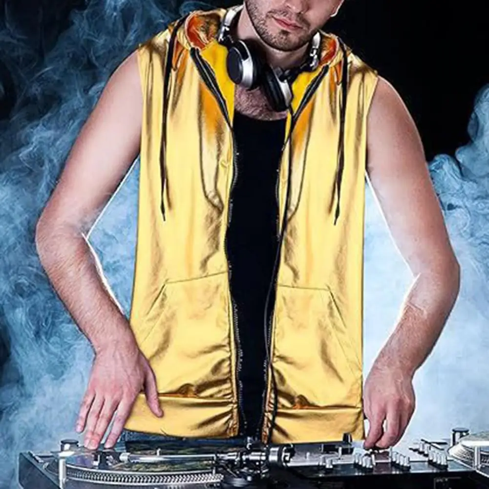 

Men Vest Hooded Drawstring Sleeveless Waistcoat With Pockets Shiny Solid Color Zipper Closure Vest Coat Metallic Streetwear
