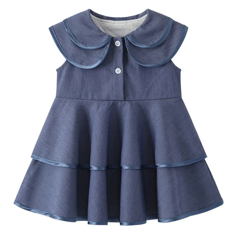 22025 Summer Girls Boutique Clothes Korean Fashion Cute Doll Collar Sleeveless Denim Blue Princess Kids Dress Baby Dresses B016