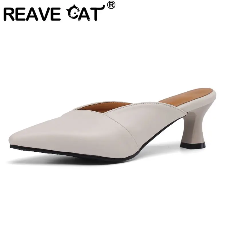REAVE CAT New Classic Women Pumps Pointed Toe 5.5cm Chunky Heels Slip On Soft Office Lady Daily Shoes Large Size 44 45 46 47 48