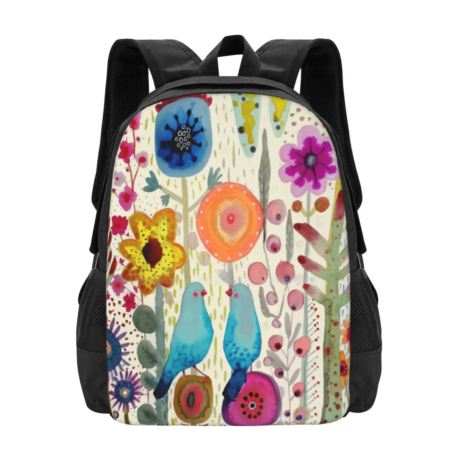 Pres De Toi Teen College Student Backpack Pattern Design Bags Birds Flower Watercolor Cute Love Whimsical Colourful Joy Fun