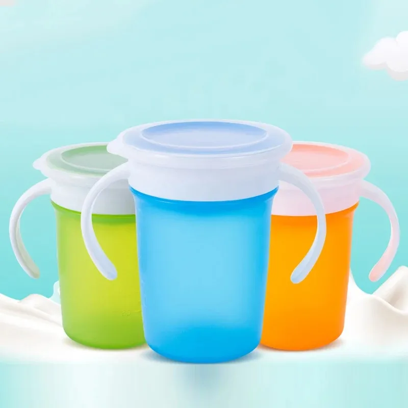 Children's Learning Drinking Cup 360 Degrees Rotated Anti Leakage and Anti Choking Baby Drinking Cup with Double Handle and Lid