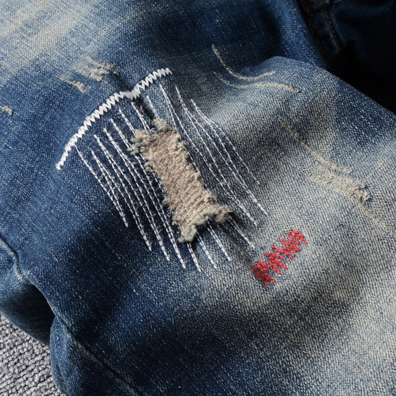 Fashion Streetwear Men Jeans Retro Washed Blue Elastic Slim Fit Ripped Jeans Men Embroidery Designer Vintage Denim Pants Hombre