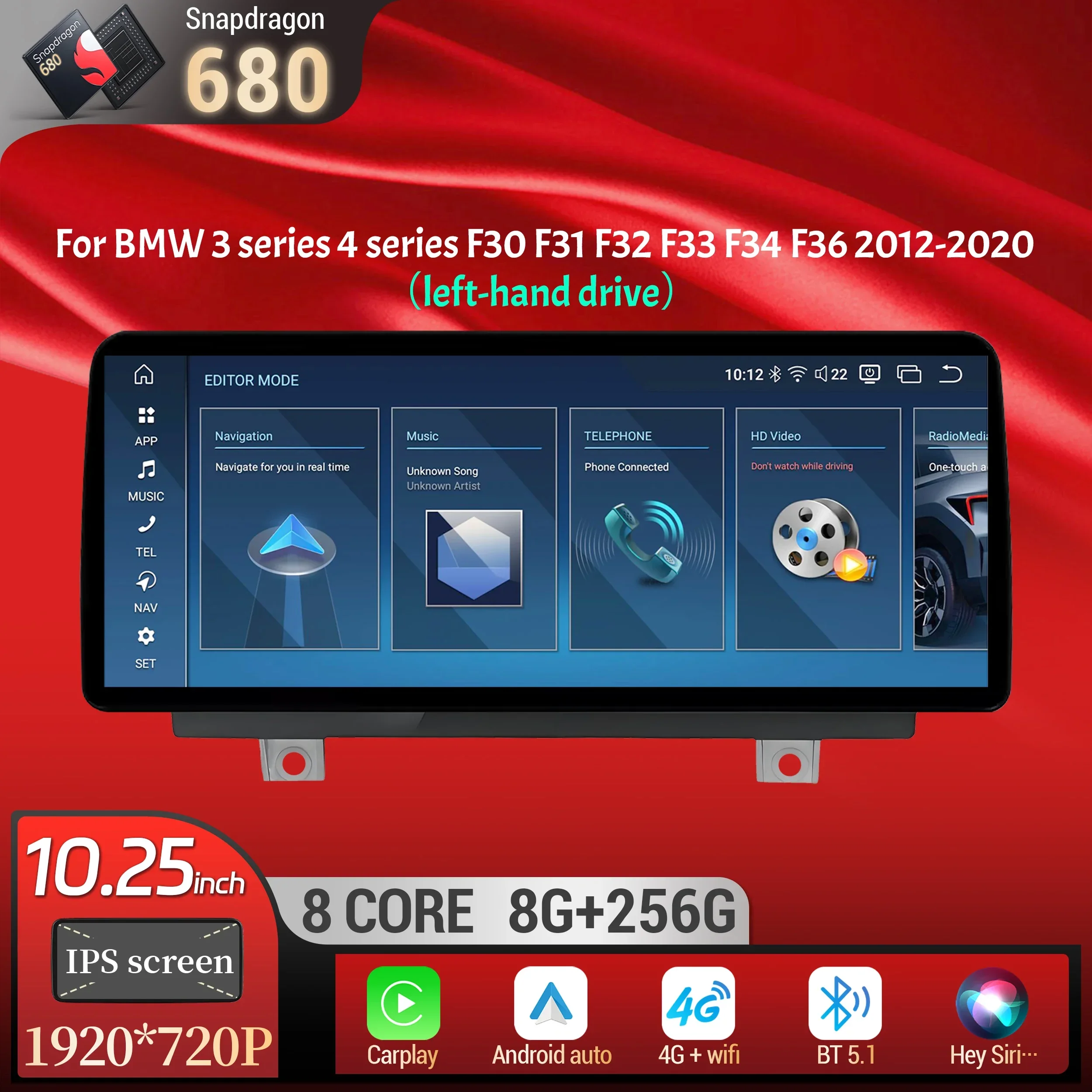 

10.25 inch LHD Android 14 For BMW 3 series 4 series F30 F31 F32 F33 F34 F36 2012-2020 Car Radio BT Carplay Snapdragon 680 Screen