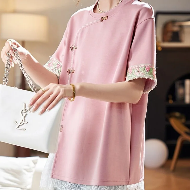 2024 New Chinese Style Solid Color Patchwork Lace Trend Women\'s Clothing Summer Temperament Short Sleeve Straight Pink Blouses