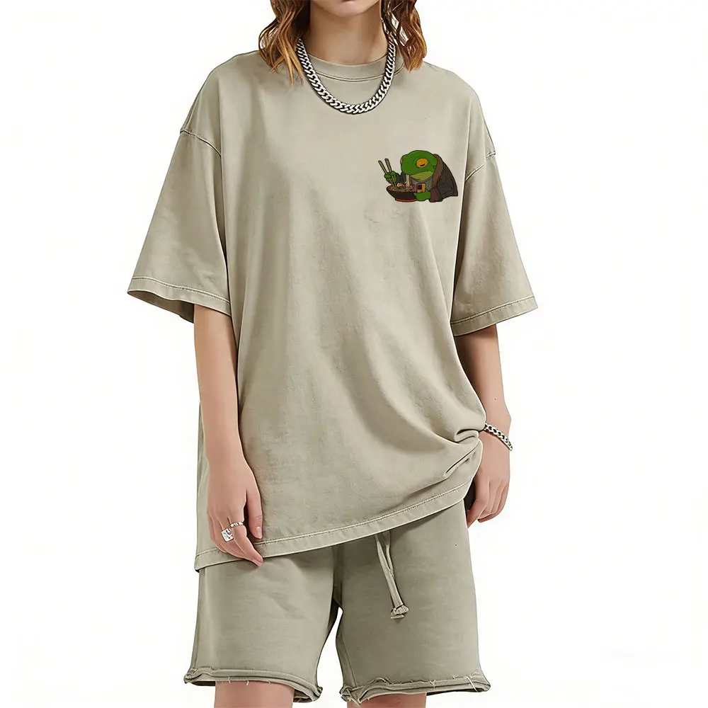 

Funny Frog Eat Ramen Retro Washed T Shirt Men Women Vintage Japanese Style Streetwear Male Casual Oversized Short Sleeve T-shirt