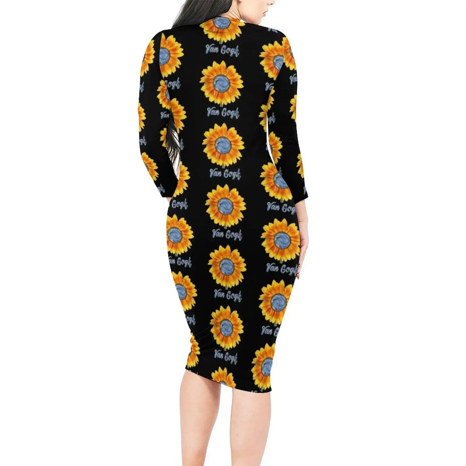 Sunflower Art Dress Long Sleeve Van Gogh Starry Night Sunflowers Fashion Dresses Spring Elegant Bodycon Dress Big Size Vestidos