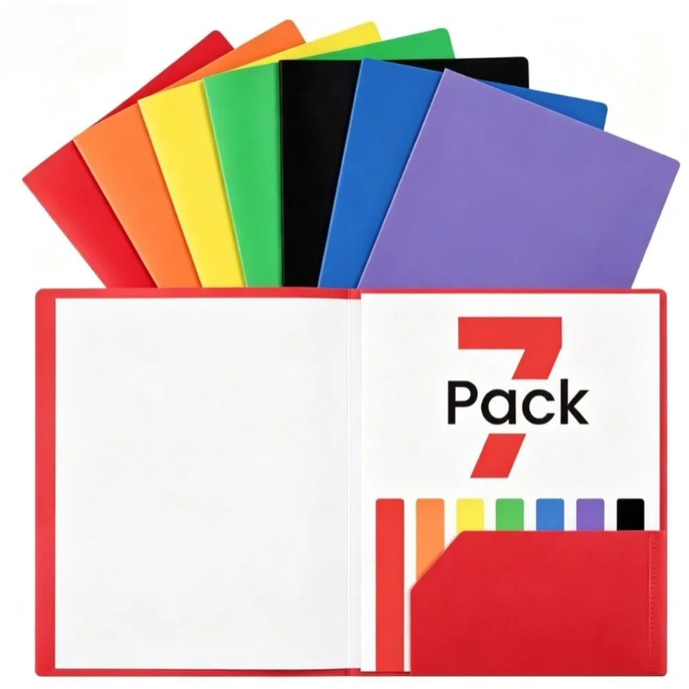 7 Pack Plastic Folders with Pockets Heavy Duty File Folders Bulk 2 Pocket Folders with Extra Labels School Business Office Filing Supplies
