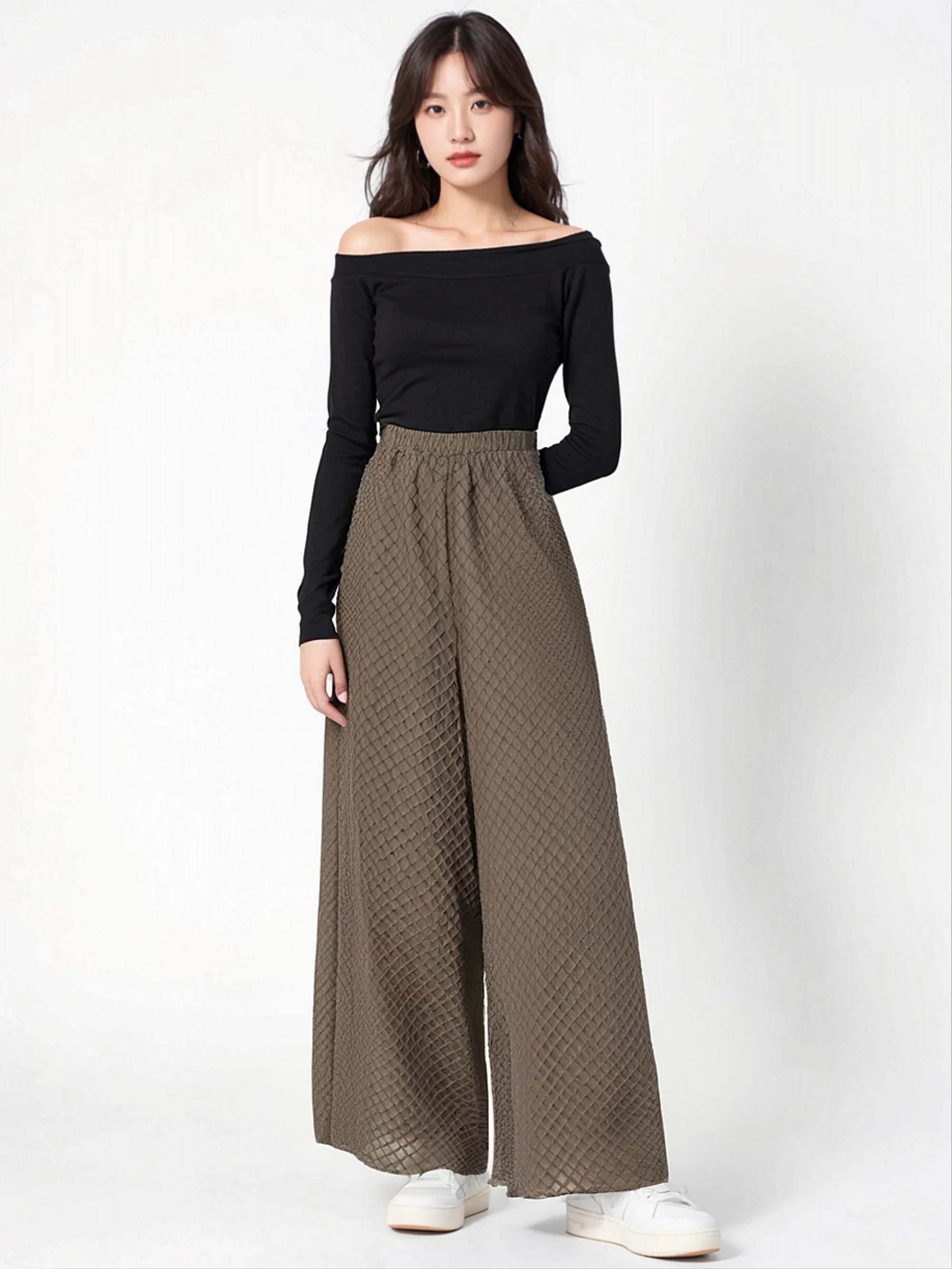 

Miyake Pleated Temperament Pleated Solid Color Casual Wide Leg Pants for Women's New Versatile Elastic Waistband Pocket Pants
