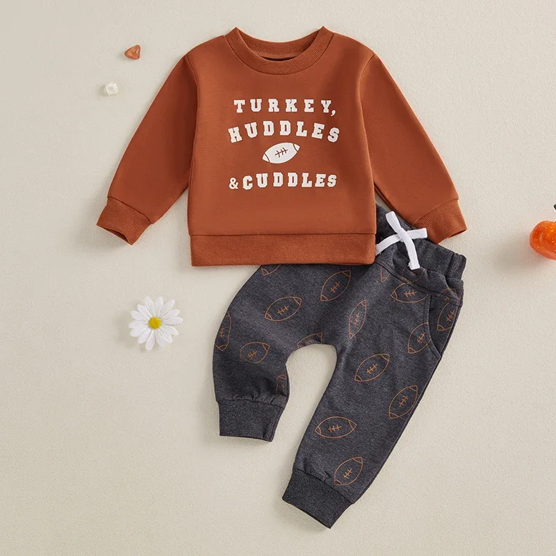 Kids Thanksgiving Day Outfits Baby Boys  Long Sleeve Crew Neck Letters Rugby Print Sweatshirts Sweatpants Pants Clothing Sets