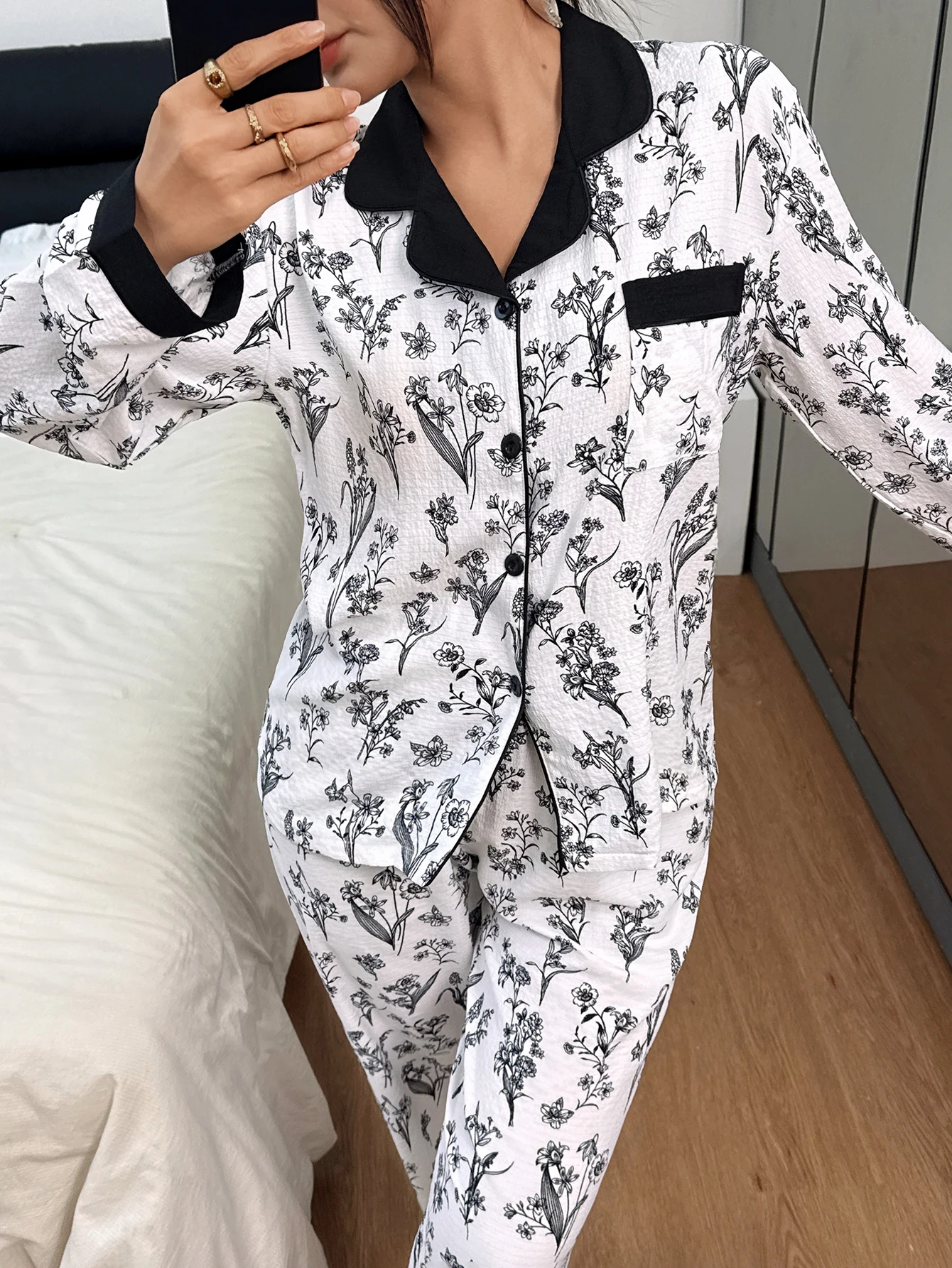 طقم بيجامة نسائي مكون من قطعتين للخريف والشتاء مطبوع عليه زهور، بلوزة بأزرار سفلية وسراويل طويلة، طقم ملابس نوم كاجوال مناسب للاستخدام المنزلي #4