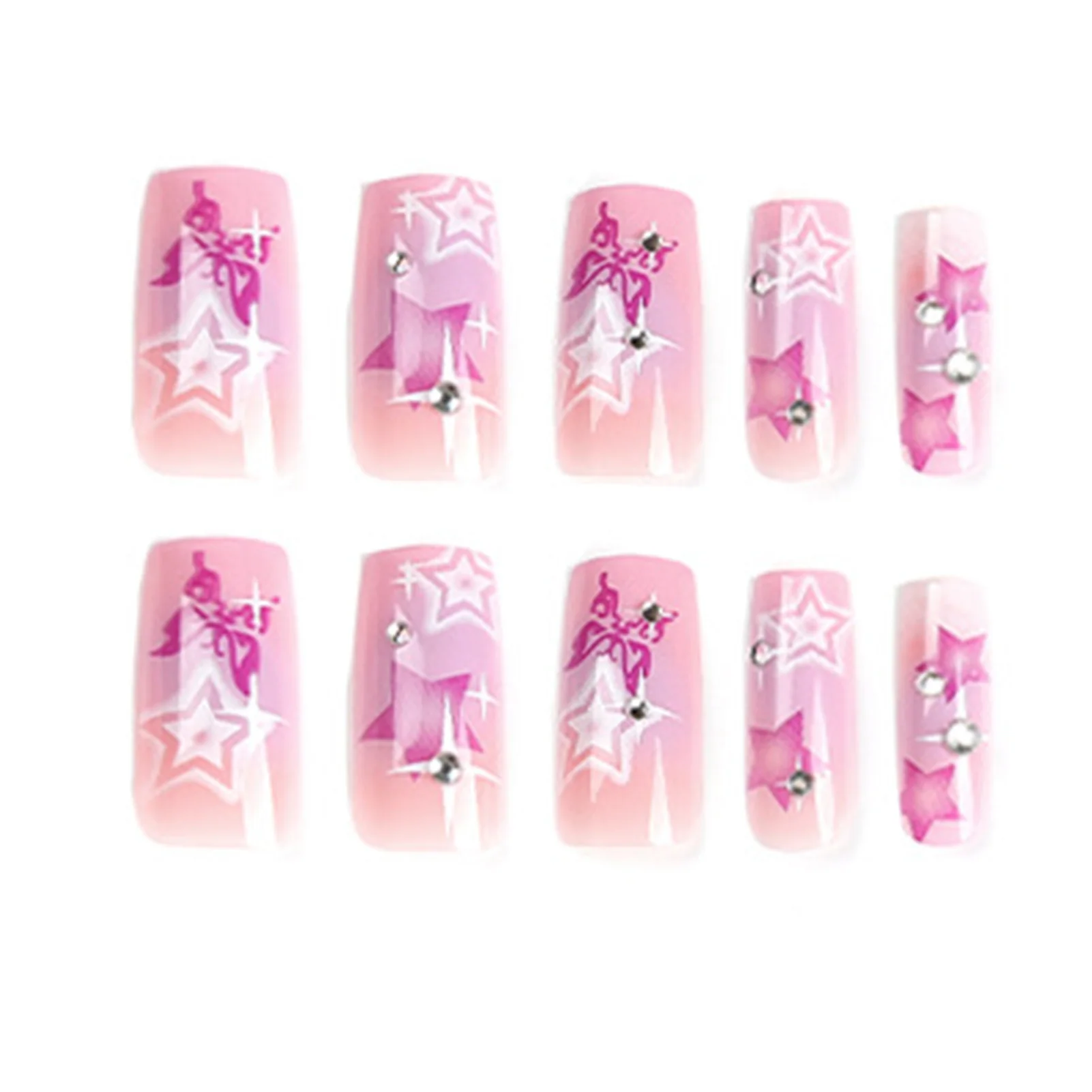 24 Pezzi Unghie Finte Lunghe a Forma Quadrata, Decorazione con Stelle Viola Sfumate e Farfalle con Strass, Unghie Finte Y2k Pronte da Indossare